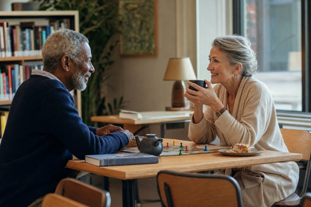 Two adults over 50 sharing tea and conversation at a community table