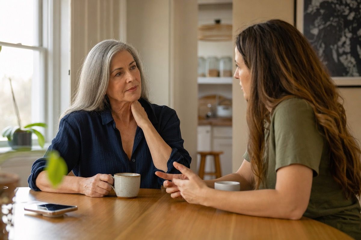 An adult over 50 talking calmly with an adult child at a kitchen table