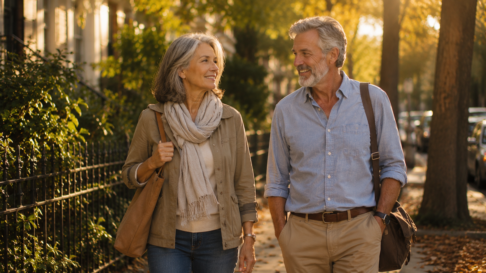 Couple over 50 walking side by side on a tree-lined street in golden hour, smiling at each other in easy conversation