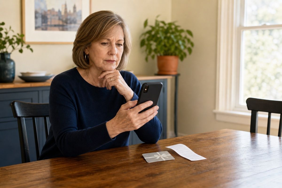 Woman over 50 pausing before responding to a gift-card request on her phone