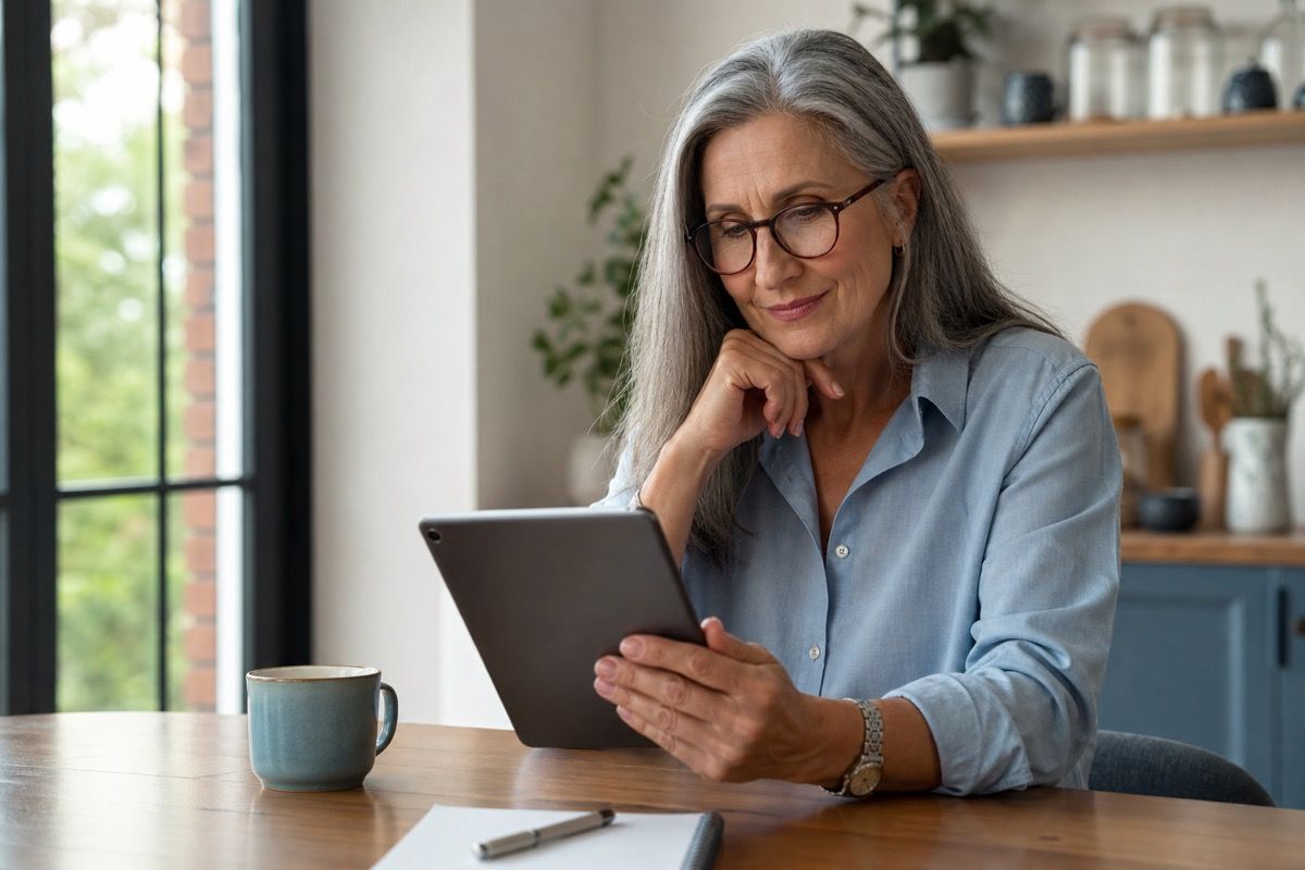 Adult over 50 reviewing an online dating profile before deciding whether to meet