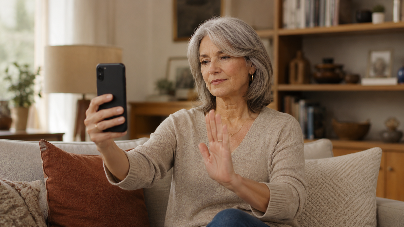 Woman over 50 on a sofa calmly holding up her hand in a stop gesture toward her phone