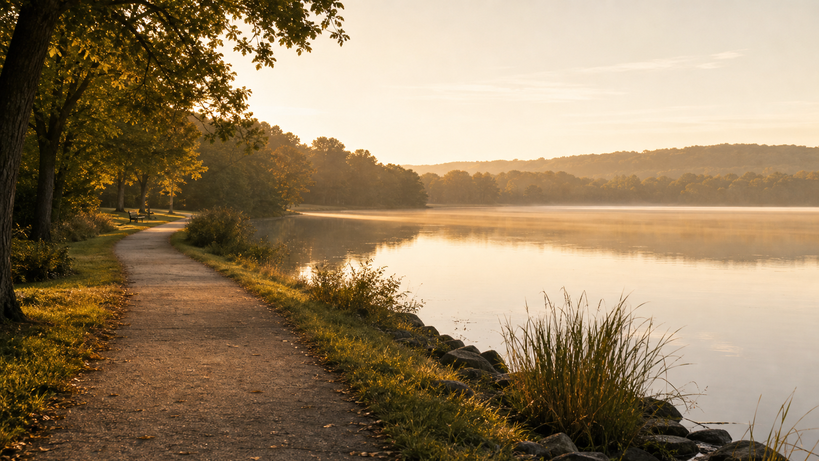 A quiet lakeside path in soft morning light